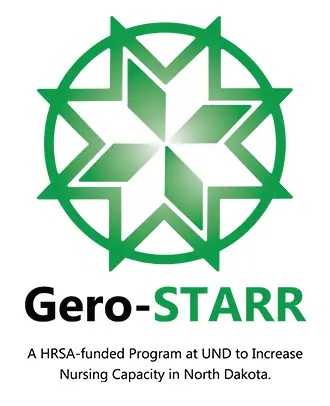 Logo for Gero-STARR program - large star design over words "Gero-STARR" and a subheading that says "A HRSA-funded Program at UND to Increase Nursing Capacity in North Dakota."
